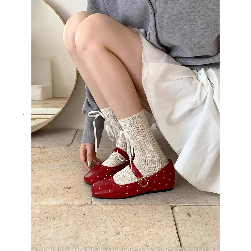 Ddmyoutdoor Studded Red Mary Jane For Women Spring New Square Toe Shallow Mouth Single Flat One Strap Small Leather Shoes Outdoor Shoes