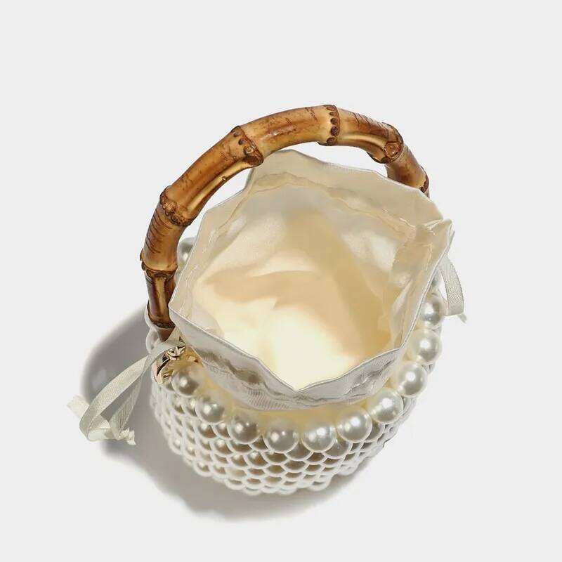 New Beading Acrylic Pearl Handbag Fashion Bamboo Handle Women's Cylindrical Shape Drawstring Evening Clutches Bag