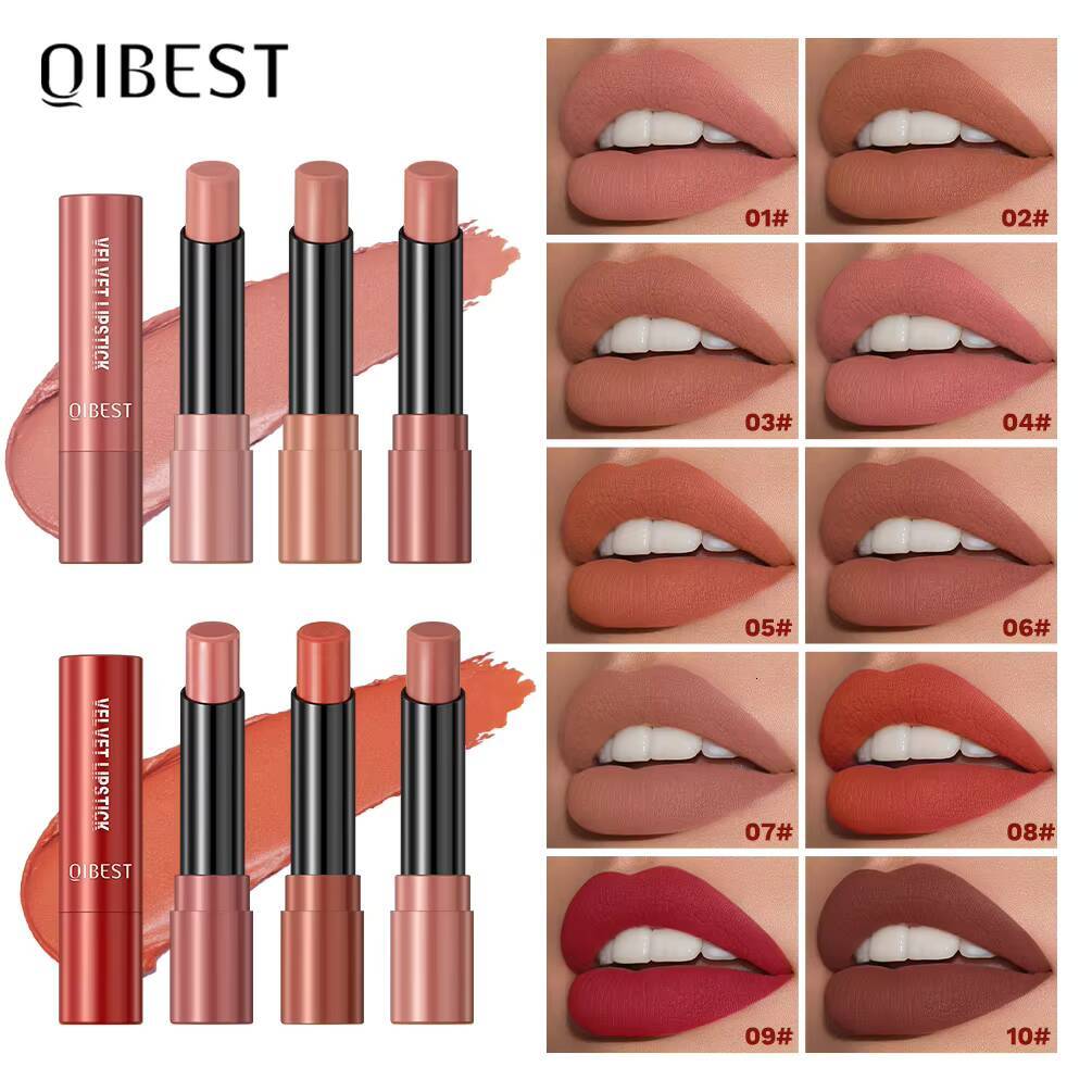 QIBEST 10 Colors Matte Velvet Lip Stain Long Lasting Tinted Balm Rotate Lipstick Nude Makeup Highly Pigmented happy