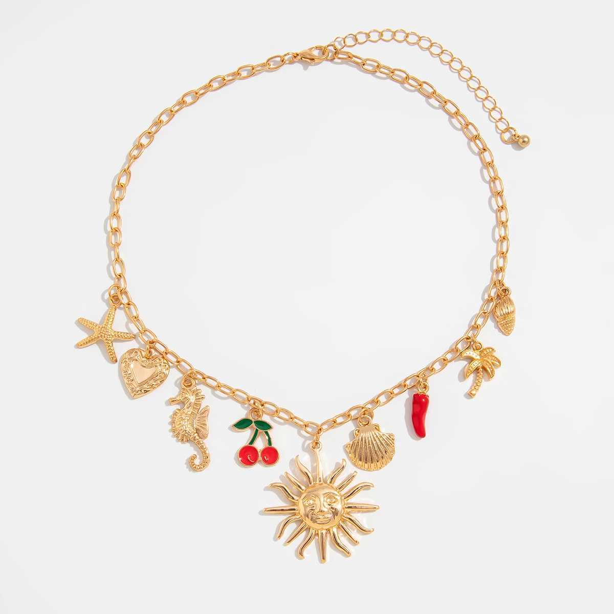 SHIXIN Classic Starfish Coconut Tree Conch Sun Pendant Necklace for Women Gold Color Chain Choker Summer Beach Neck Jewelry Gift Z250614