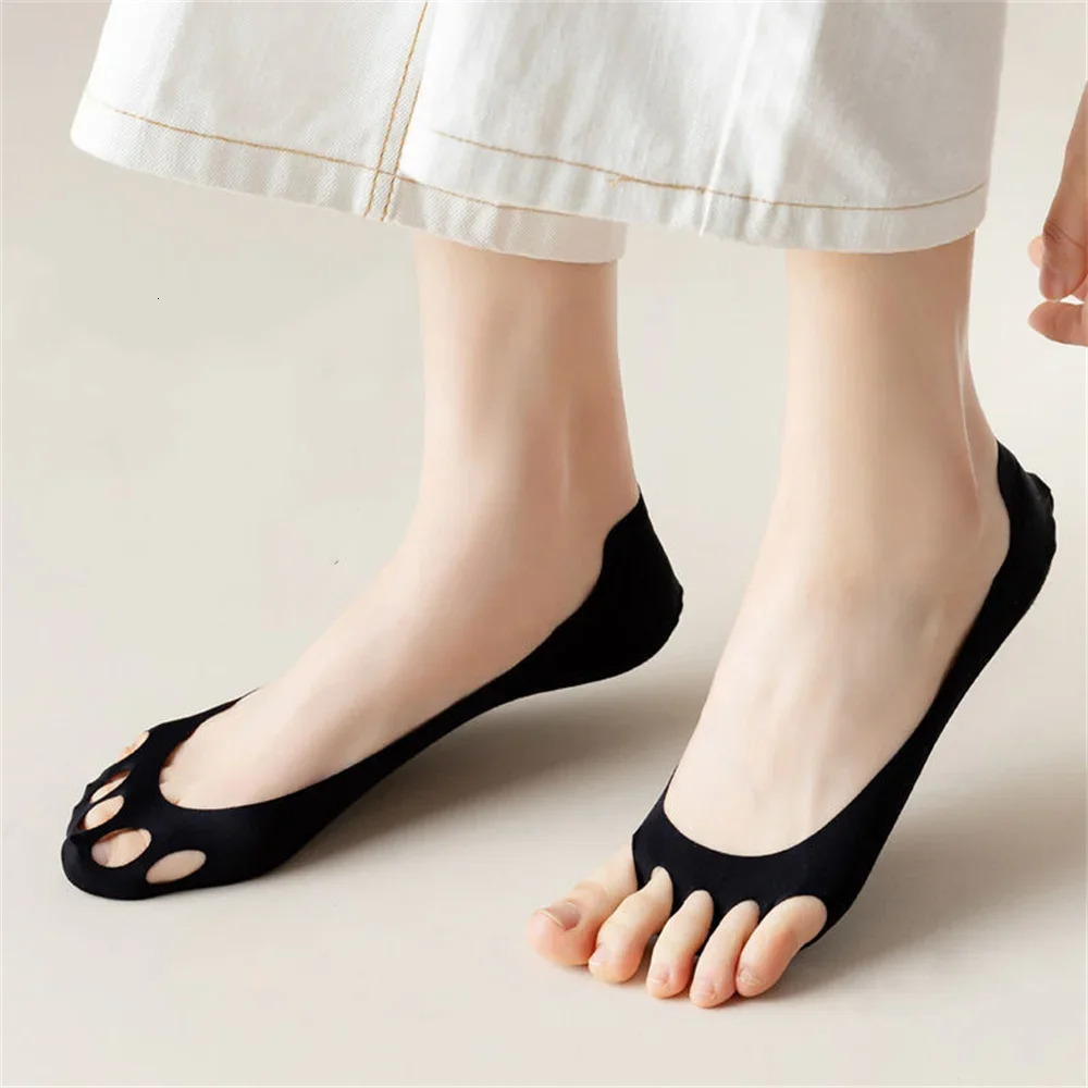 3 Pairs Invisible Socks Women Ice Silk Five Finger Hole Socks Anti Slip Silicone for High Heel Shoe Two Ways Wear 250613