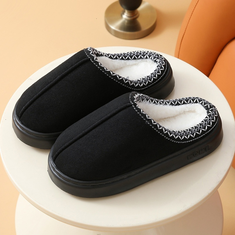 Winter - Thickened Non-Slip EVA Sole, Soft Fabric Indoor Home Shoes with Lace-Up Design, Warm and Lightweight Slip-On Suitable for Cold Floors Black /
