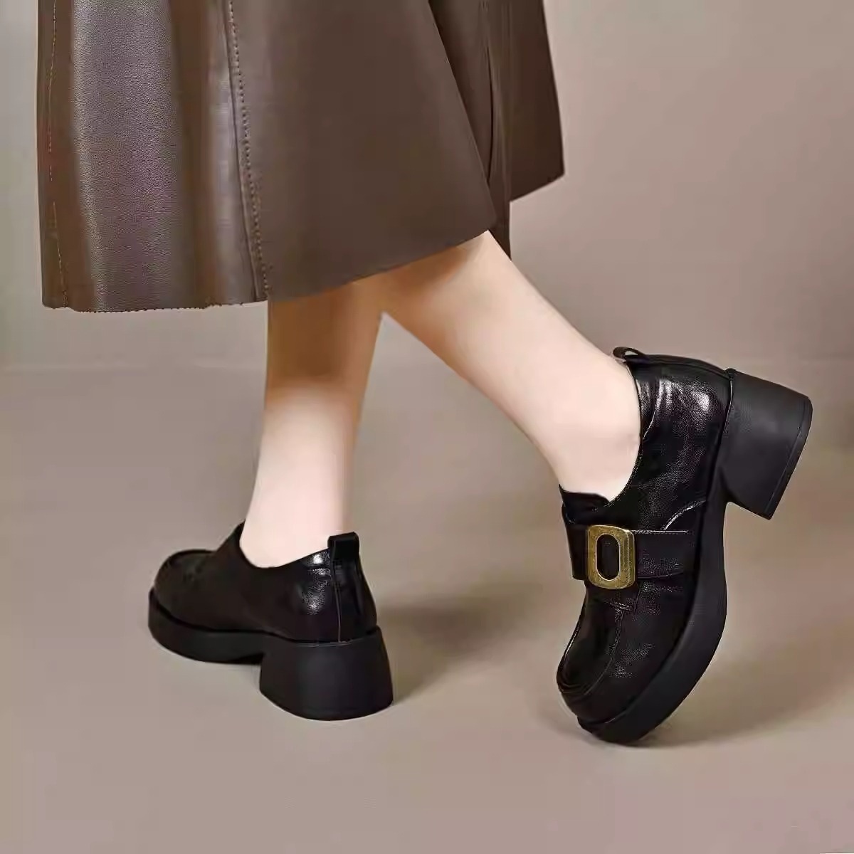 Ddmysports Maillard Women S Leather Autumn New British Style Chunky Heel Loafers French Belt Buckle Single Shoes Outdoor Shoes