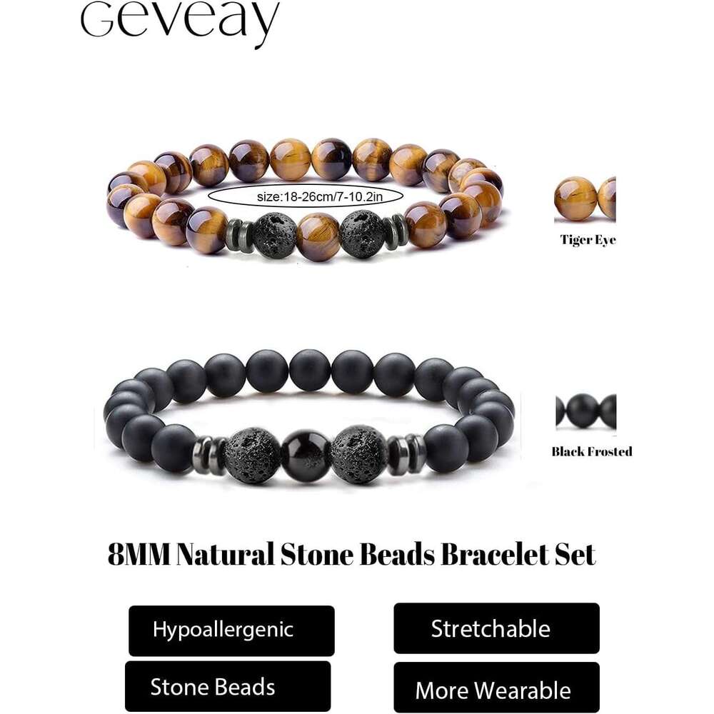 Mens Natural Stone Bracelets 8MM Stretch Adjustable Tiger Eye, Matte Agate, Lava Rock Beaded Bracelet Set for Men Women Gifts
