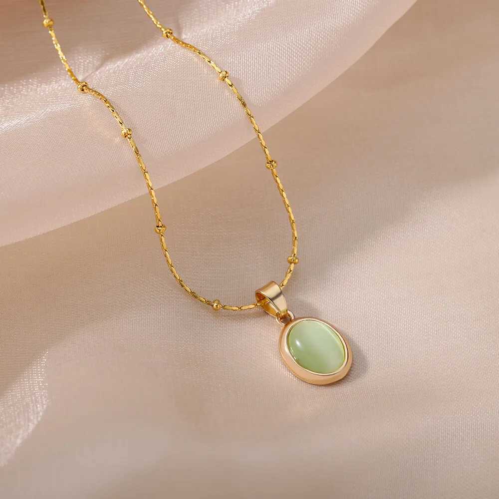 Fashion Stone Opal Oval Necklace For Women Stainless Steel Gold Color Oval Stone Pendant Necklace Wedding Aesthetic Jewelry Gift Z250614