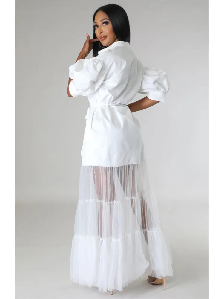 Fashionable White Lace Shirt Short Sleeve Dresses For WomenS Summer Elegant Laceup Pocket Long Dress Female 250611