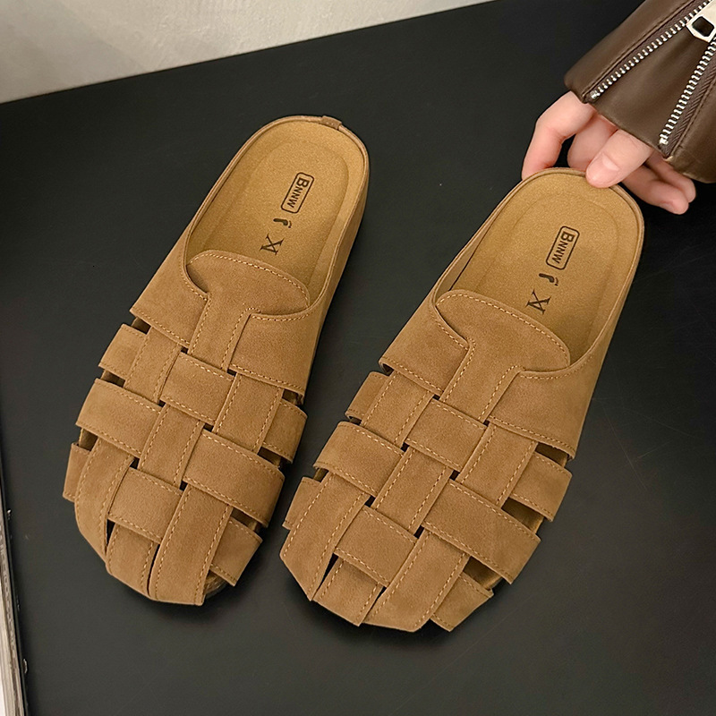 Ddmyoutdoor Ddmyoutdoor Soft Leather Closed Toe Slippers For Women Outdoor Wear Summer Flat Breathable Woven Sandals Lazy Slip On Mules Trendy Shoes O