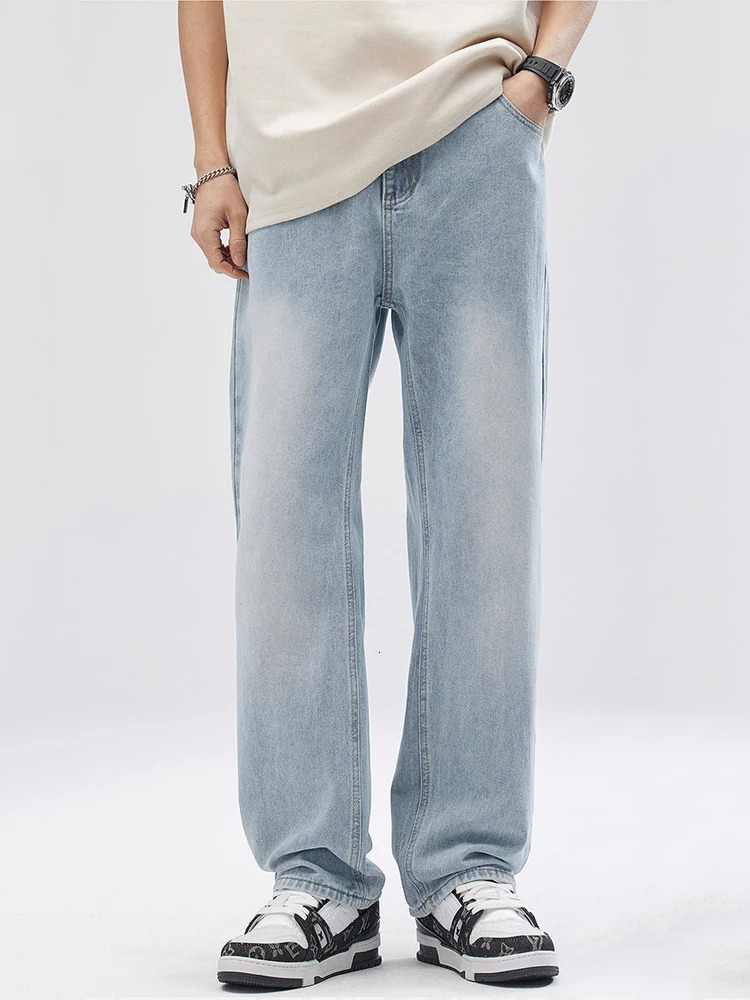 Mens Straight Jeans Korean Fashion Elastic Banded Wide Leg Blue Denim Pants Casual Baggy Jeans Trousers 250529