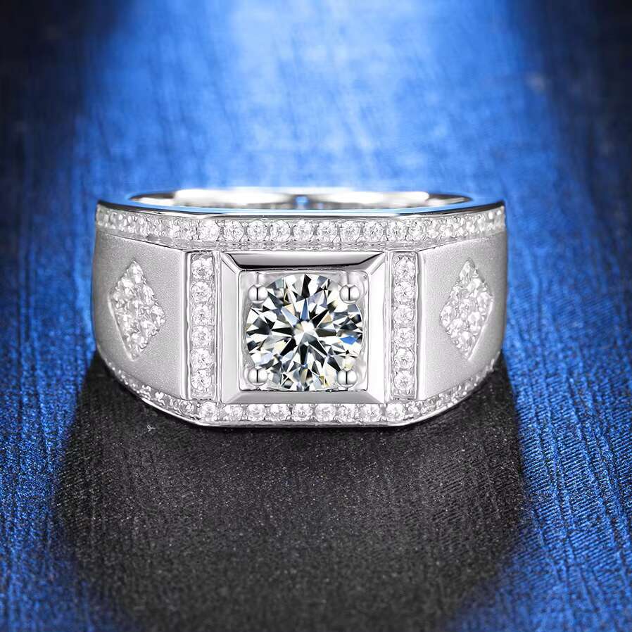 Fashion Men Ring Rhodium Plated 925 Sterling Silver Moissanite Men Rings