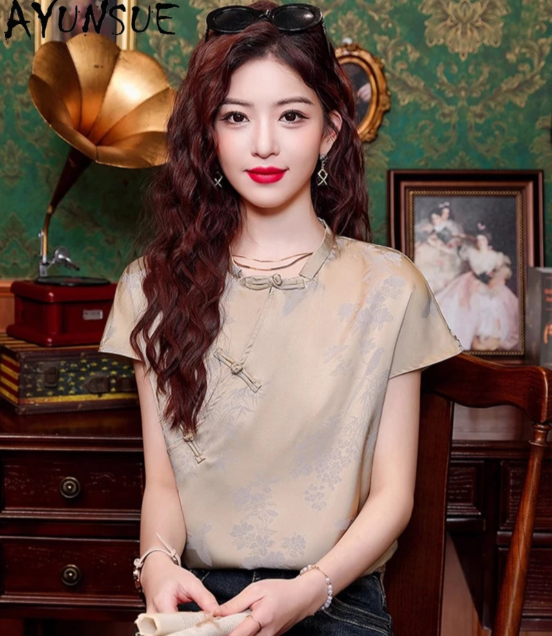 AYUNSUE Natural Mulberry Silk Blouse Woman Chinese Style Stand Collar Tops for Woman Clothes Short Sleeve Shirts Woman 2025 250609