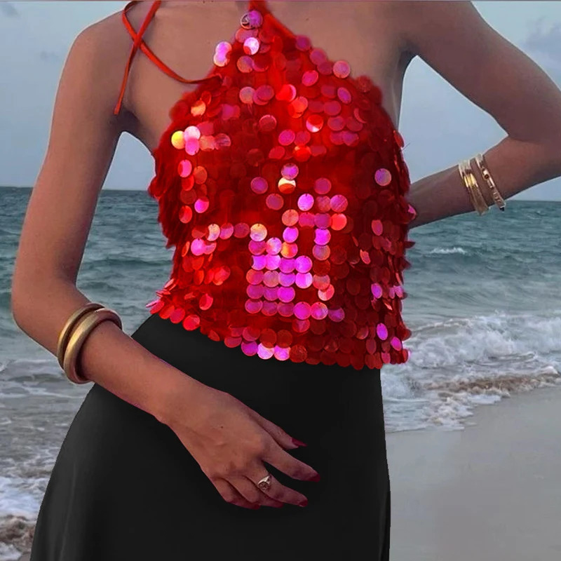 Sexy Ladies Halter Slim Fit Sequin Top Club Party Hollow Out Backless Womens Blouses Casual Solid Lace Up High Street Tshirt 250611