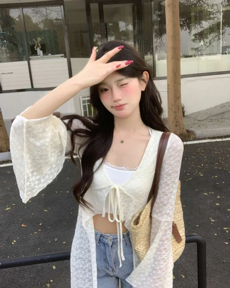 Summer Lace Oversized Cardigan Y2k EGirl Vneck Up Allmatch Shirts Mujer Midlength Long Sleeve Tops Women 250612