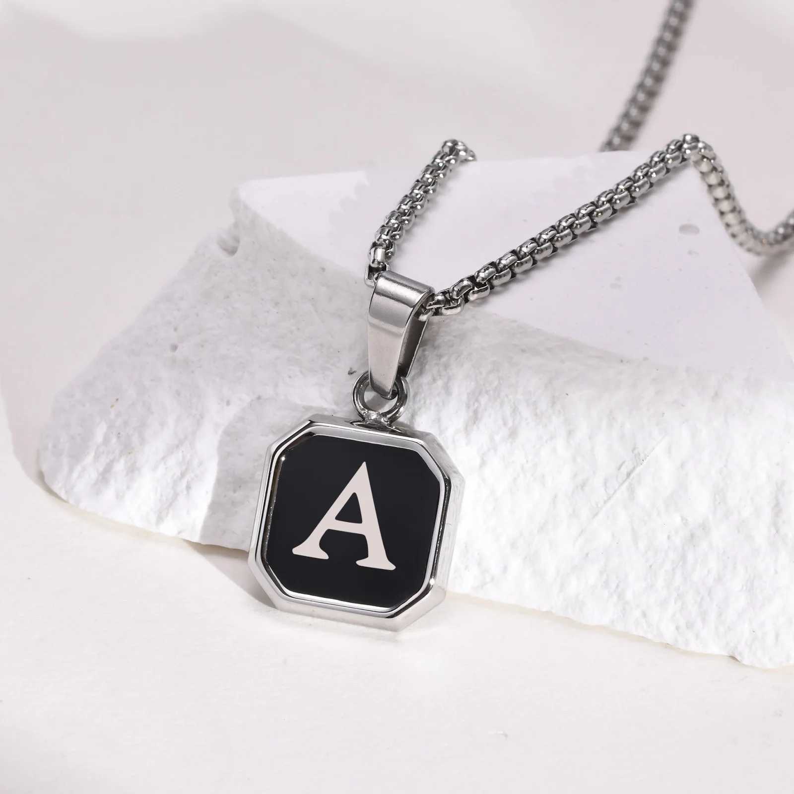Vnox A-Z Initial Letters Men Necklaces Geometric Pendant with Box Cuban Rope Chain Stainless Steel Square Simple Collar Z250614