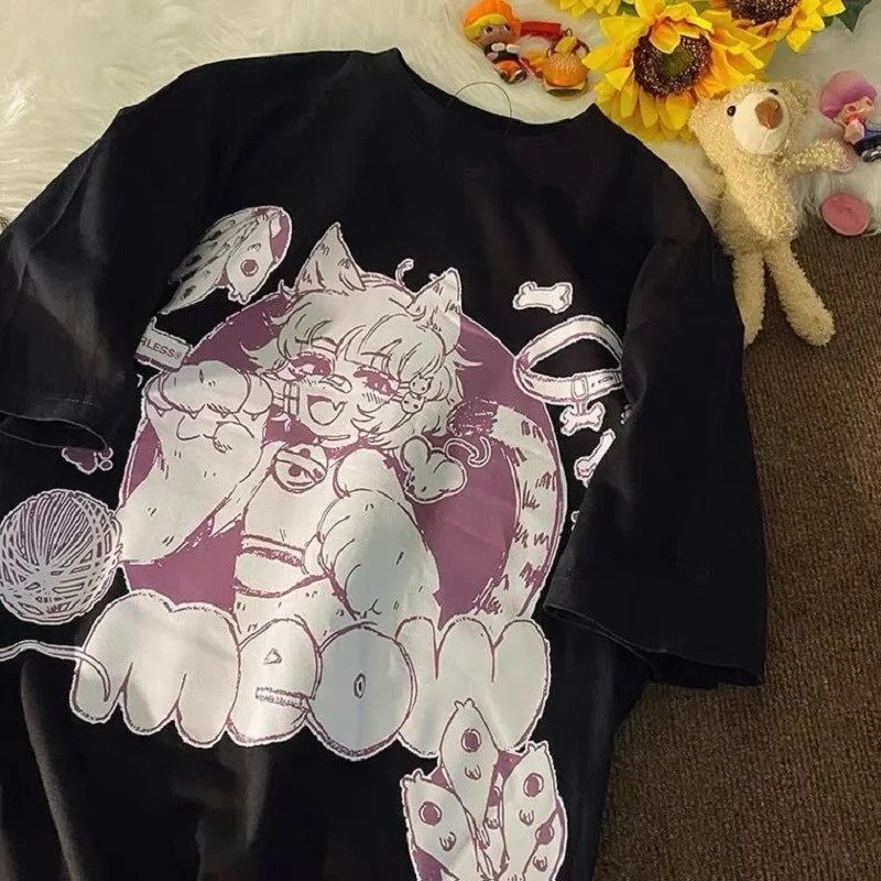 Women's Oversized Anime-Inspired Y2K T-Shirt with Kawaii Graphics - Perfect for Harajuku Style