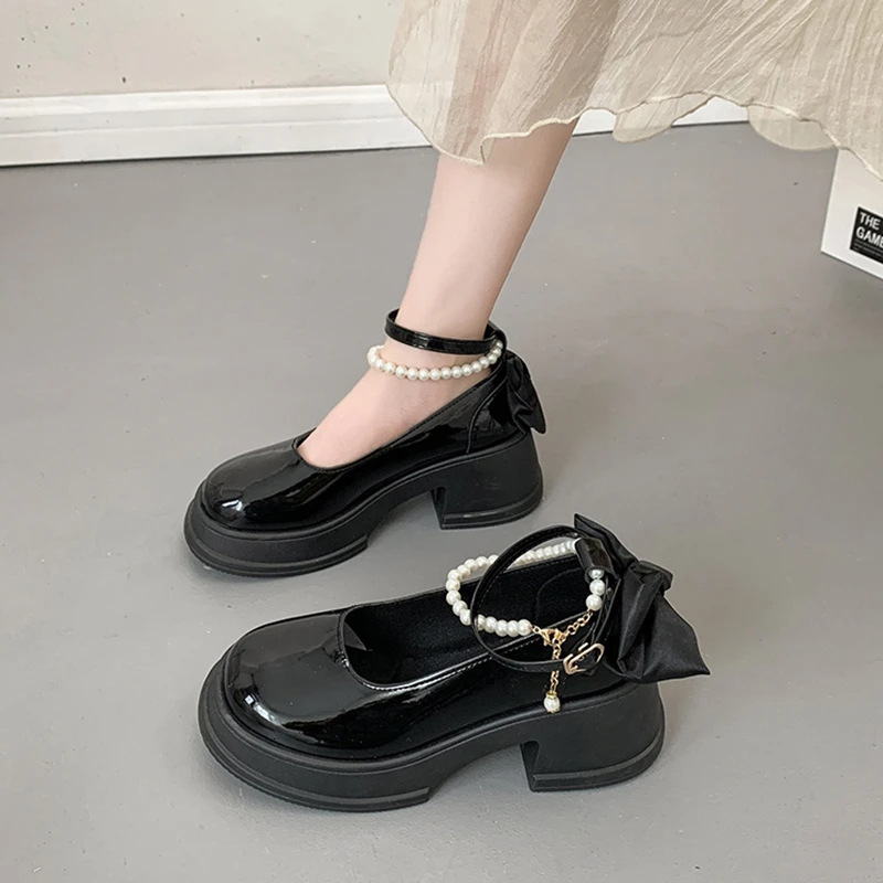 Ddmyoutdoor Round Toe White Pearl Chunky Heel Mary Jane For Women New Spring Autumn Niche JK Leather Shoes Outdoor Shoes