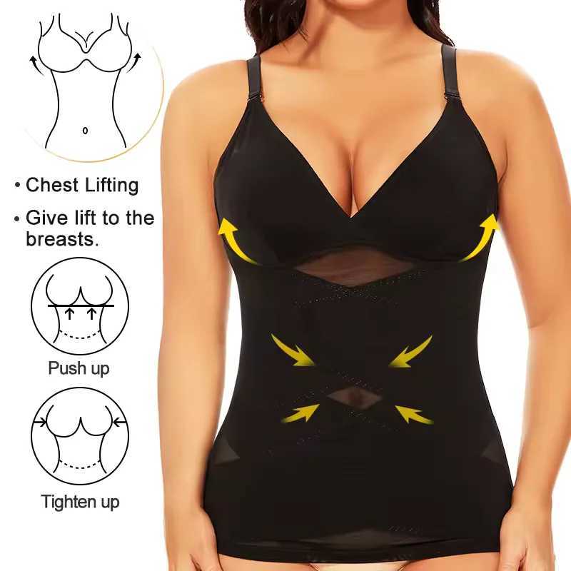 Women Built-in Bra Tank Top Compression Cross Mesh Corset Tummy Control Body Shaper V Neck Slimming Bustier Sexy Underwear XJ250614