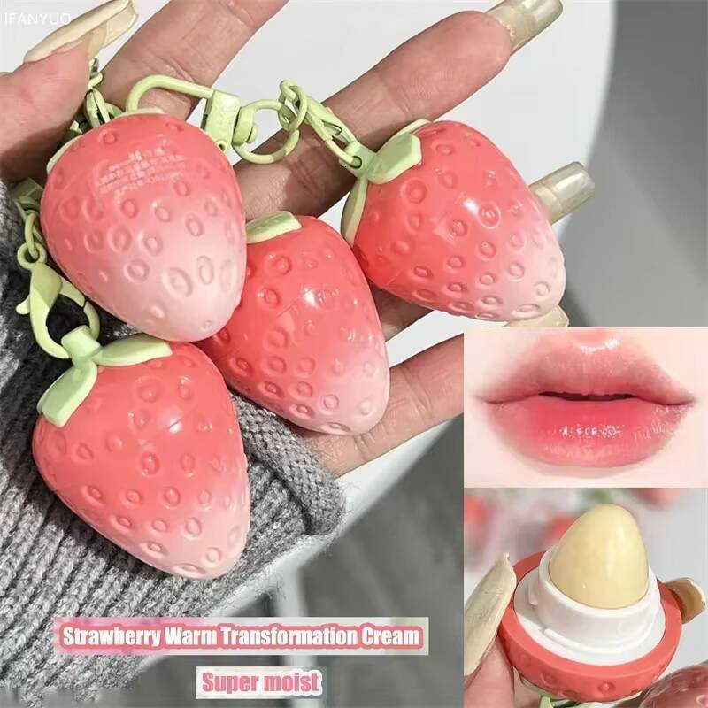 1PC Strawberry Keychain Warming Lip Balm Long Lasting Natural Pink Tint Color Changing Lipstick Fruity Lips Care Makeup happy