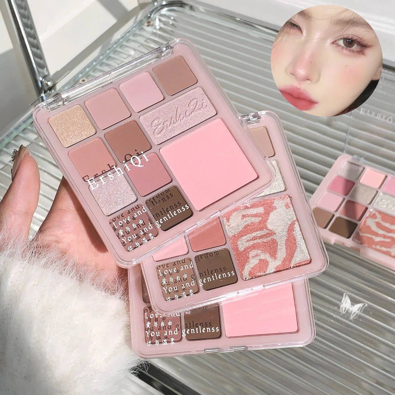 All in One Palette Pearly Matte Eyeshadow 12Colors Fine Shimmer Highlight Rose Pink Blush Eye Pigment Waterproof Korean Cosmetic