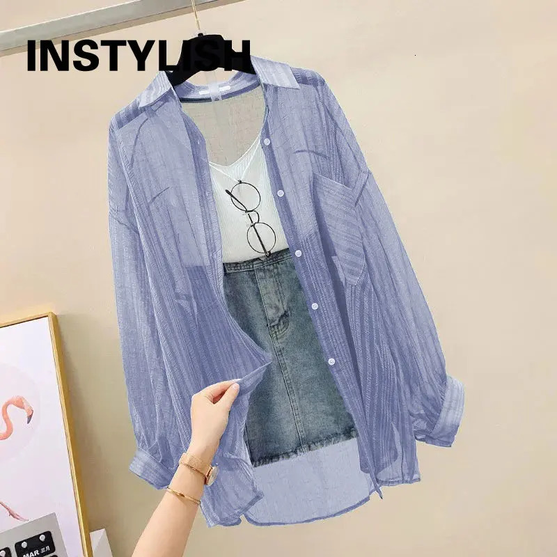Summer Sunscreen Shirt Elegant Perspective Thin Chiffon Blouse Korean Harajuku See Through Loose Top Casual Womens Cardigan 250614