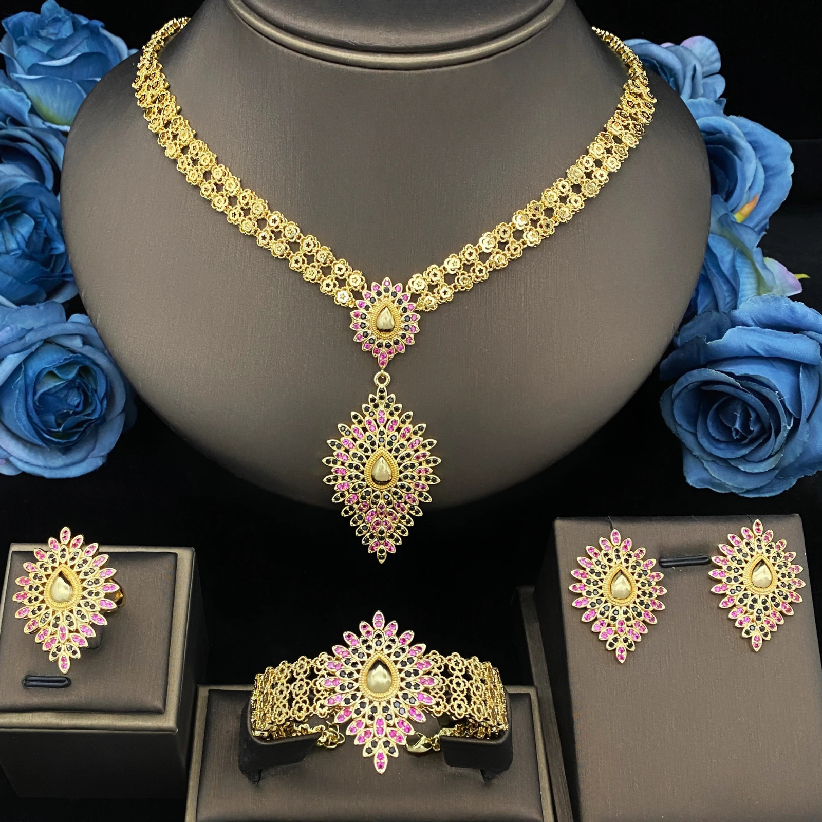 JRH Plated 18K Womens Jewelry Set Necklace Earrings Bracelet Ring Libyan Bridehigh Quality Fine Jewelry Woman Wedding Gift set 250609