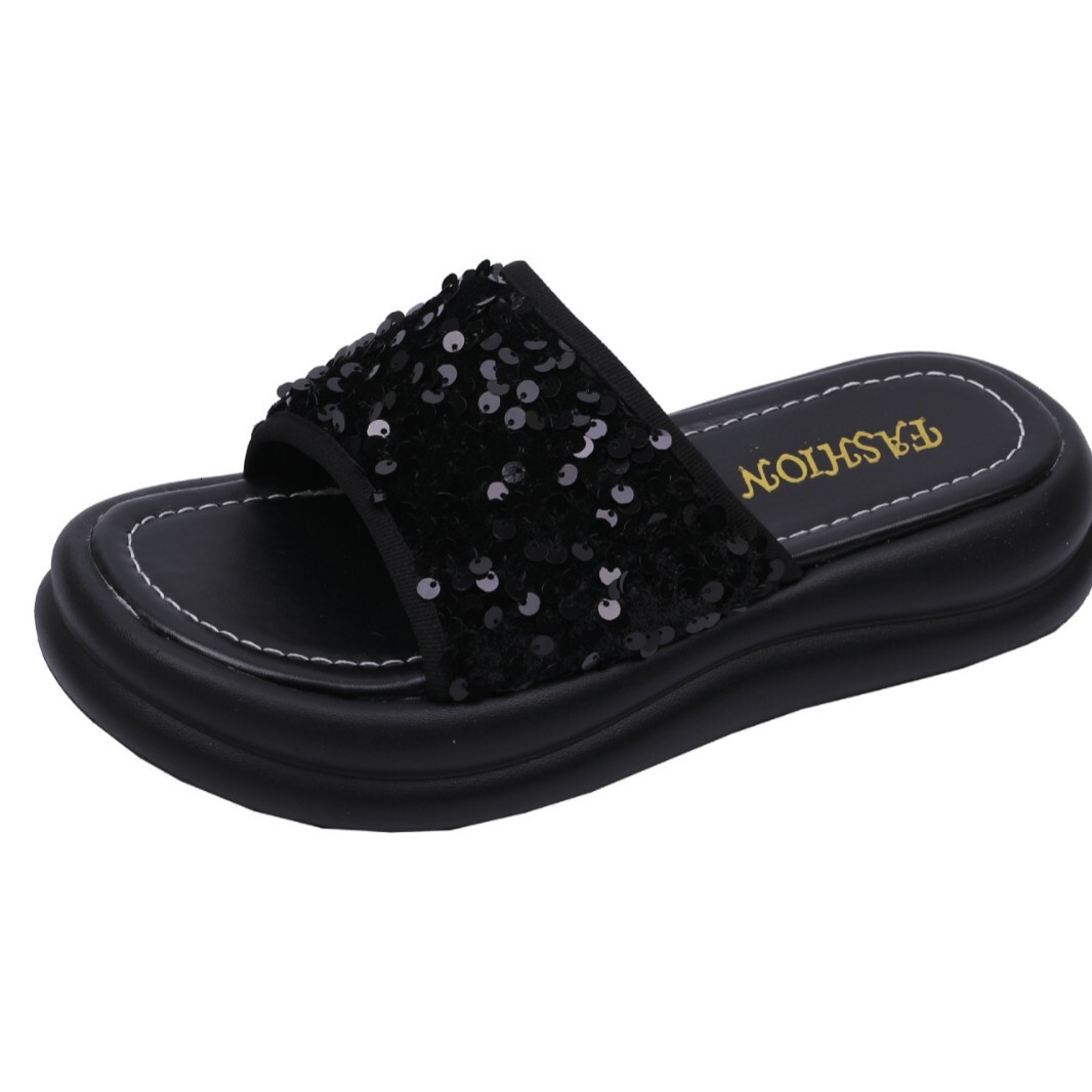 Ddmyoutdoor Thick Soled Spring Summer New Fashion Sequin One Strap Casual Beach Sandals For Women Outdoor Shoes