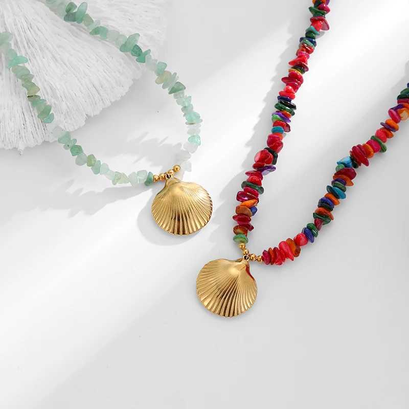 PRISCA. | Colored Stone Shell Necklace Stainless Steel Women Charm Beach Jewelry 18k Gold PVD Fashion 2025 Z250614