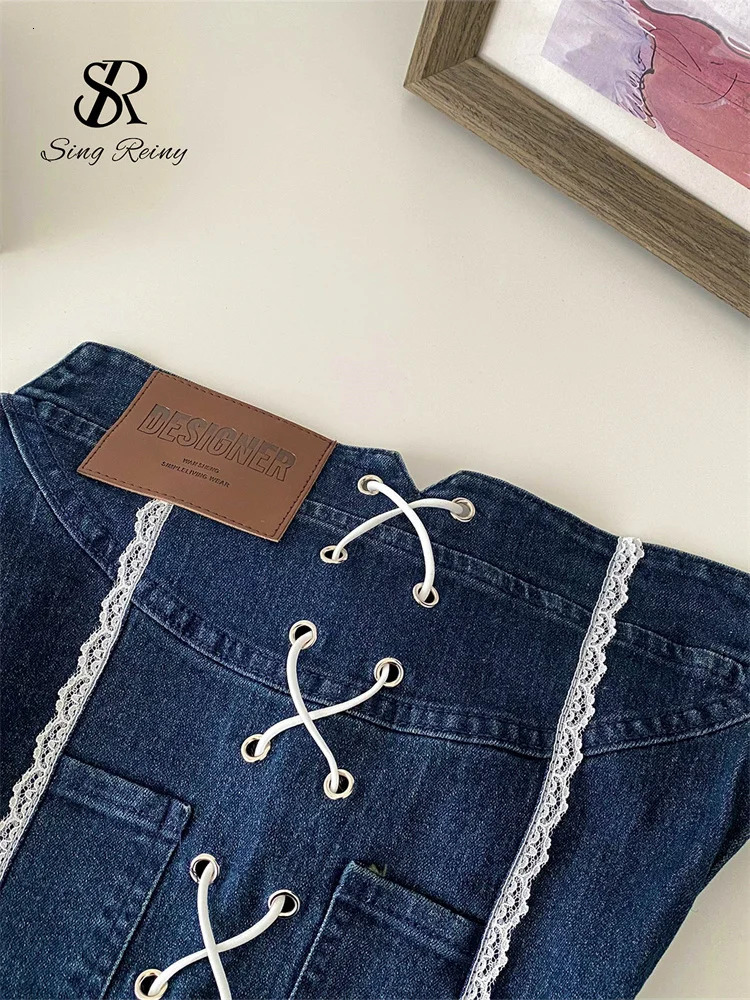 SINGREINY Denim Camisole Female Strapless Cross Ruched Backless Lace Mini Top Fashion Elastic American Retro Sexy Tank Top 250611