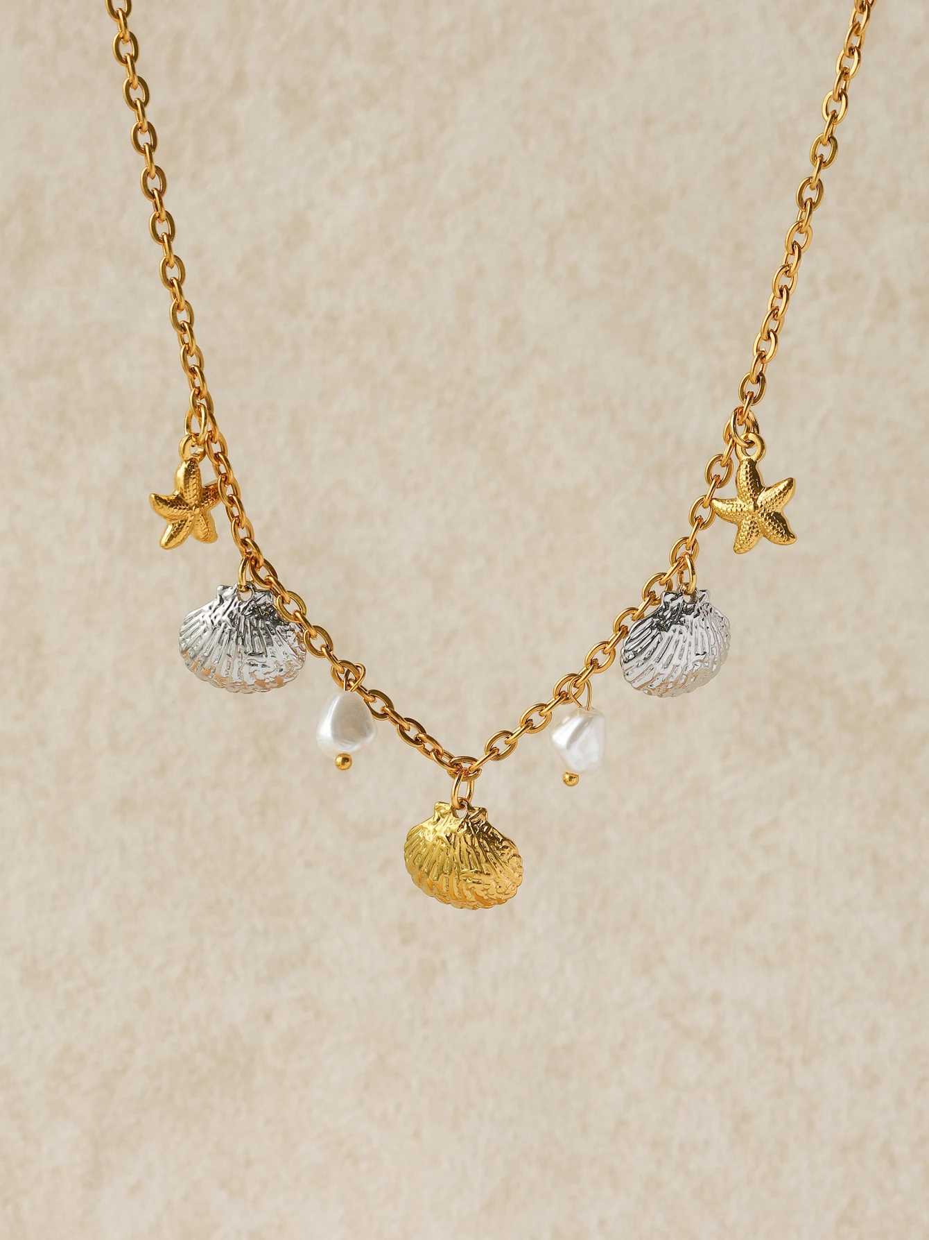 Fashion Two-color Shell Starfish Natural Pearl Pendant Necklace Stainless Steel Waterproof Pendant Necklace Unique Jewelry Gift Z250614