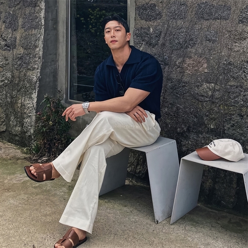 Mens Clothing Korean Hollow Out Polo Shirt Leisure V Neck Short Sleeve Solid Color Retro Streetwear Knitwear 250529