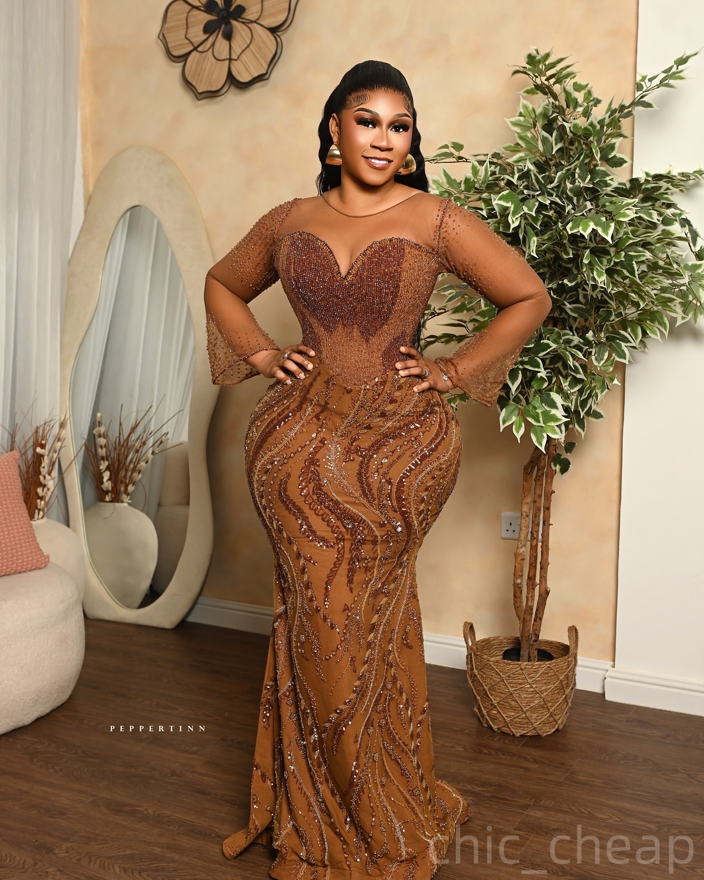 Mermaid Brown Prom Dresses 2025 Beaded Sequined Sheer Neck Illusion Evening Formal Party Second Birthday Engagement Gowns Plus Size Dress For Special 