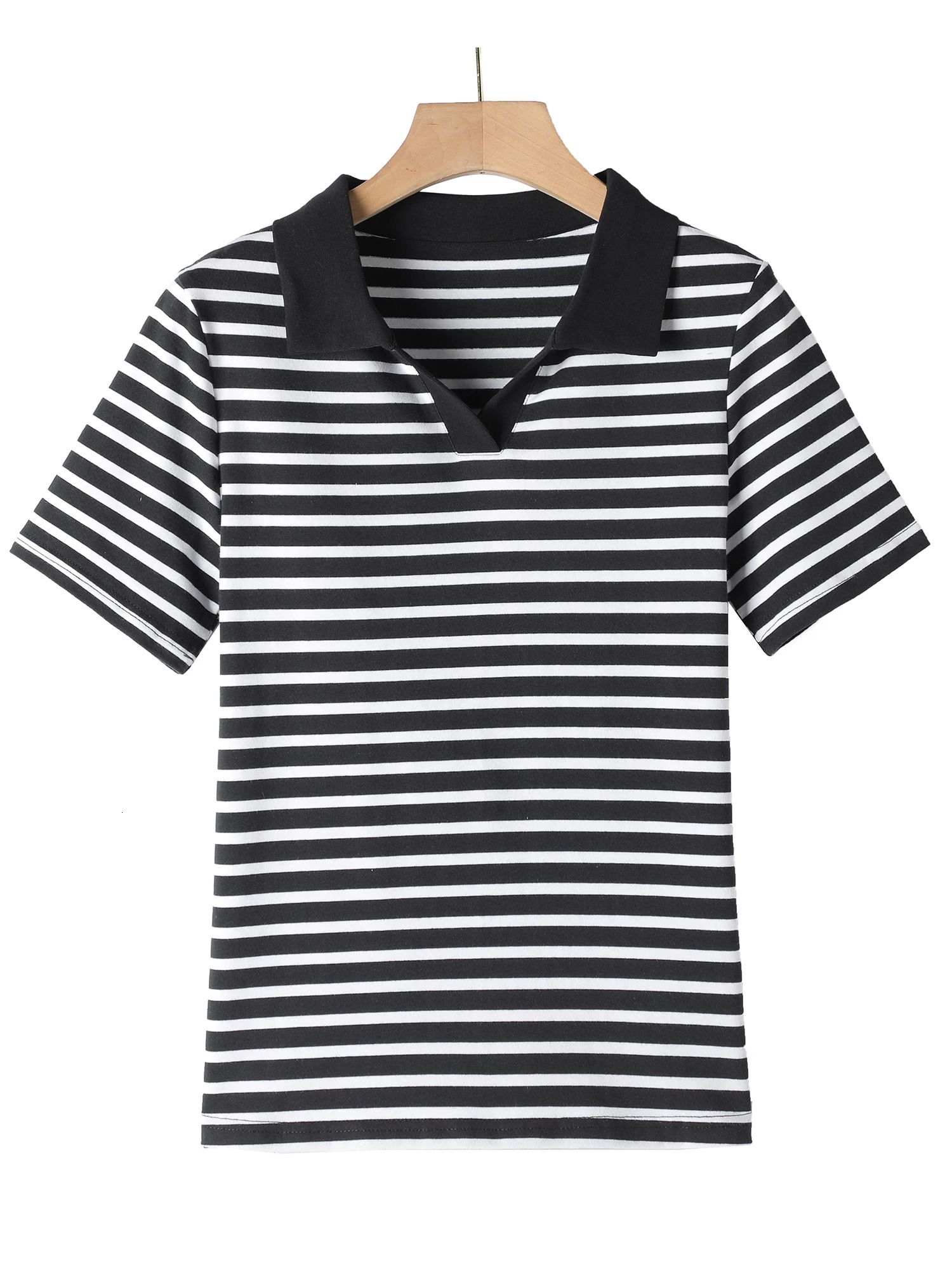 Striped Print Turn Down Collar T-shirtRegular Fit Casual Short Sleeve Pullover T-shirt For Spring Fall Womens Clothing 250609