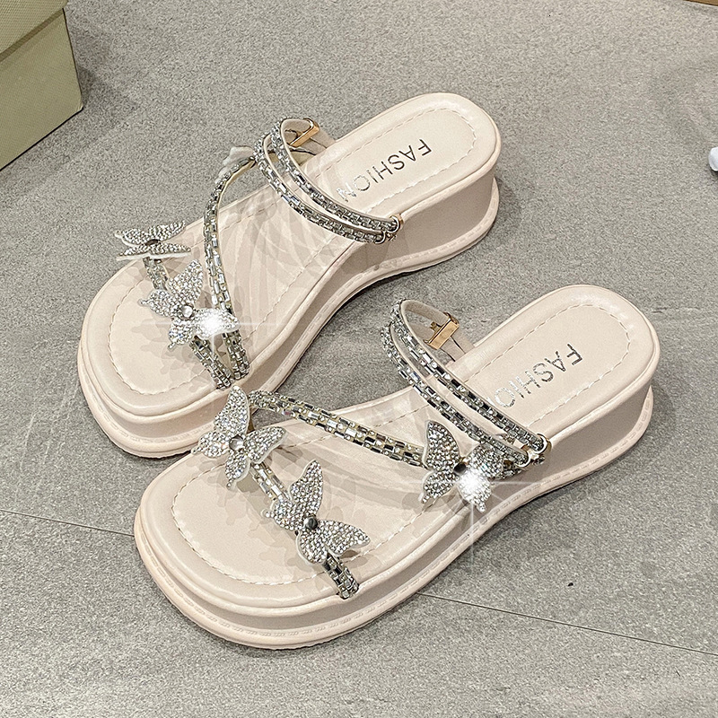 Ddmyoutdoor Rhinestone Bow Thick Sole Sandals For Women Summer New Fashionable Versatile Wedge Platform Slippers Outdoor Shoes