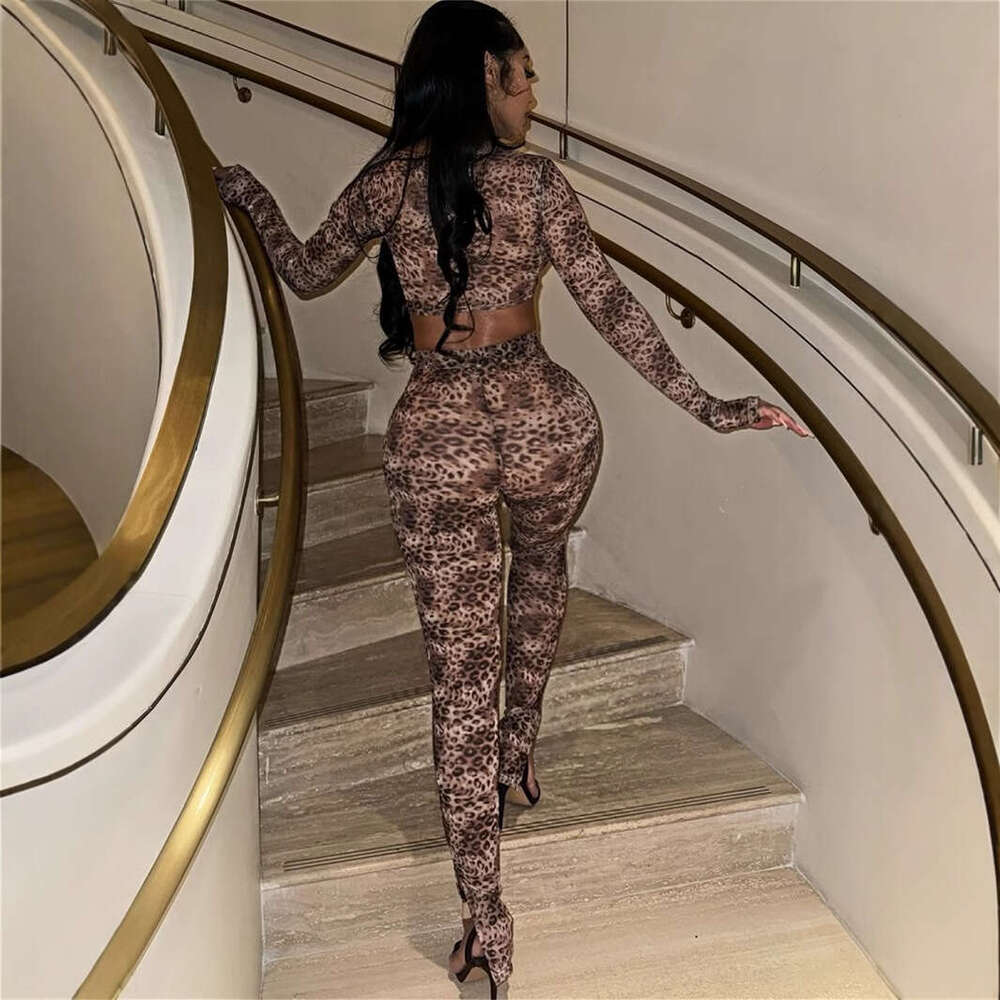 Autumn New Stretch Leopard Print Wild Sexy Slim Fit Short Long Sleeve Top And Pants Set B5