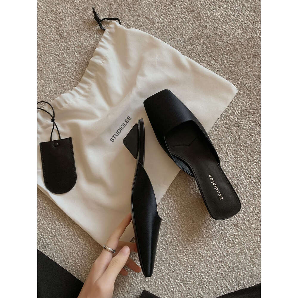 Grape Mom Studiolee French Square Toe Shallow Mouth Silk Satin Triangle Heel High-end Mules for Women Summer