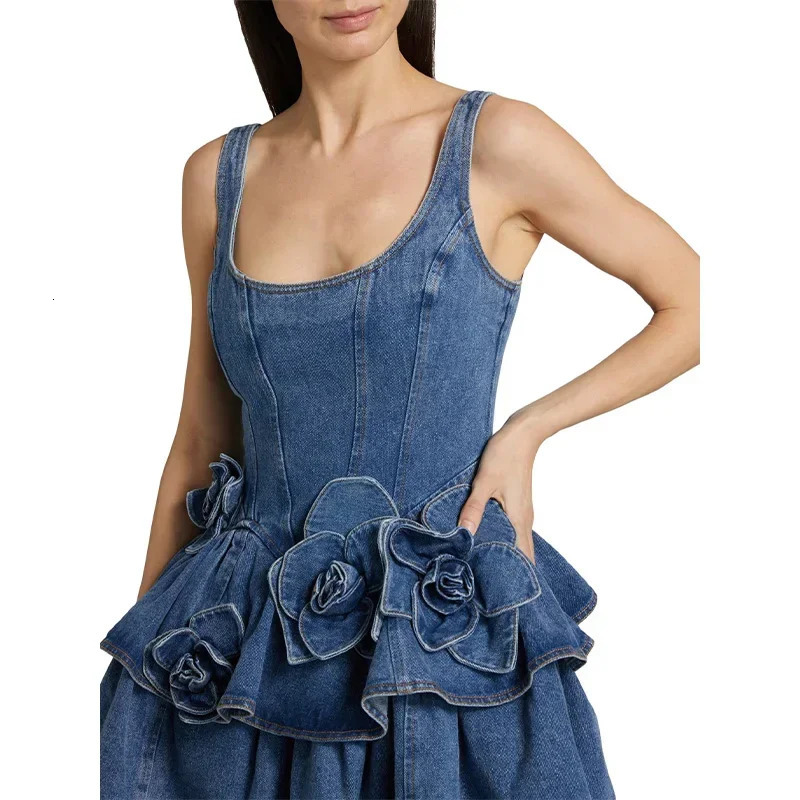 2025 Summer Chic 3d Floral Denim Mini Dress Vintage A Line Halter High Street Jean Vesidos Lady Party Fashion Clothing 250609