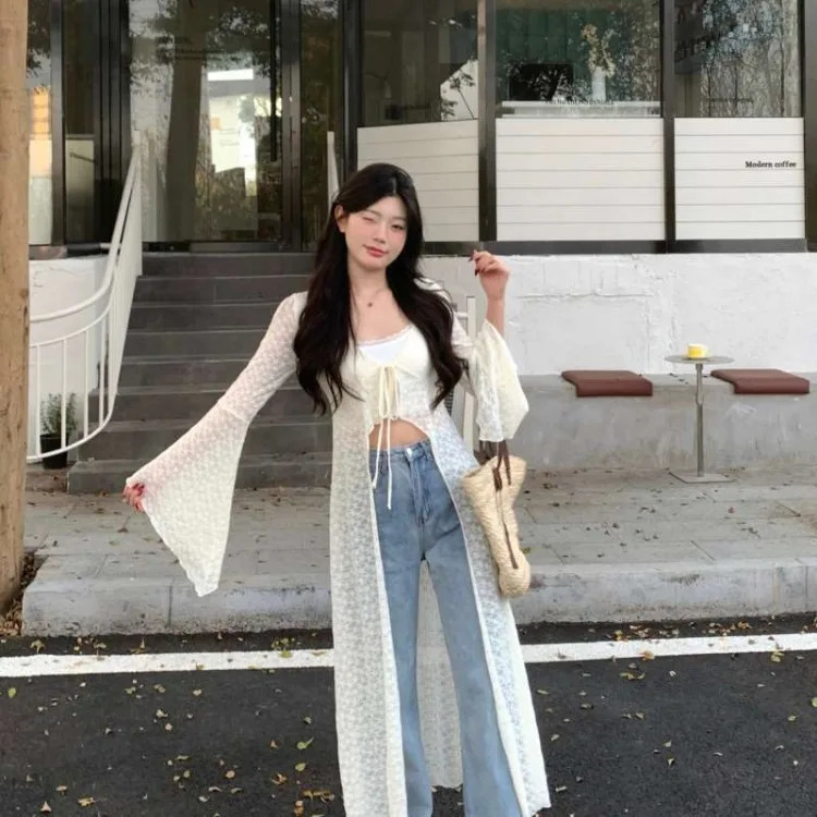 Summer Lace Oversized Cardigan Y2k EGirl Vneck Up Allmatch Shirts Mujer Midlength Long Sleeve Tops Women 250612