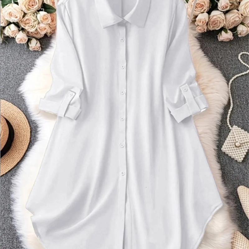 Plus Size 1XL5XL Fashion Womens Solid Color RollUp Sleeves TurnDown Collar Blouse Ladies ButtonUp Casual Chic Top Shirt w250520