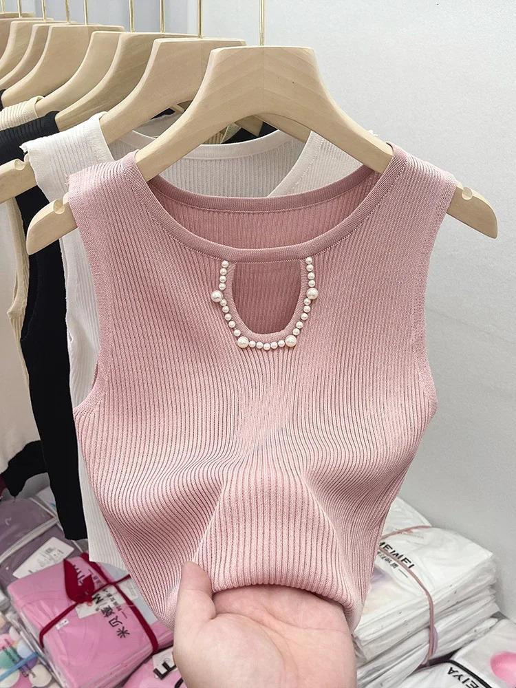 Korea Knitted Vests Women Top Solid Tank Blusas Summer Fashion Female Sleeveless Beading Hollow Out Casual Thin Tops 250614