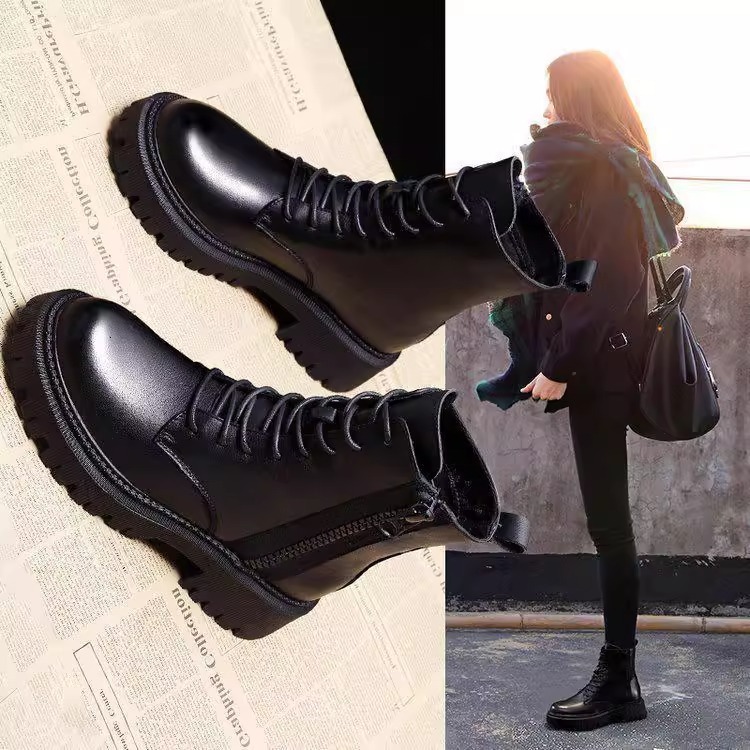 Ddmysports New Martin For Women British Style Versatile Spring And Autumn Black Single Stylish Mid Chunky Heel Motorcycle Ankle Boots Outdoor Shoes