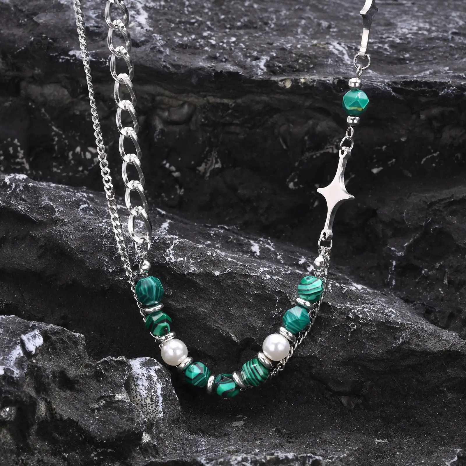 Vnox Unisex Layered Cuban Chain Necklaces Green Natural Stone Beads Chokers for Women Men Teens Simple Collar Jewelry Z250614