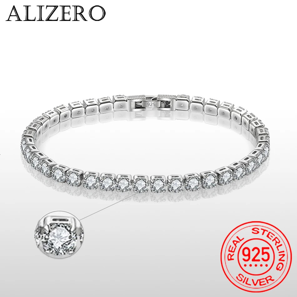 ALIZERO S925 Sterling Silver Bracelet Zirconia Tennis Ball Women Fashion Simple Engagement Wedding Charm Jewelry 4mm 16-23cm 250610