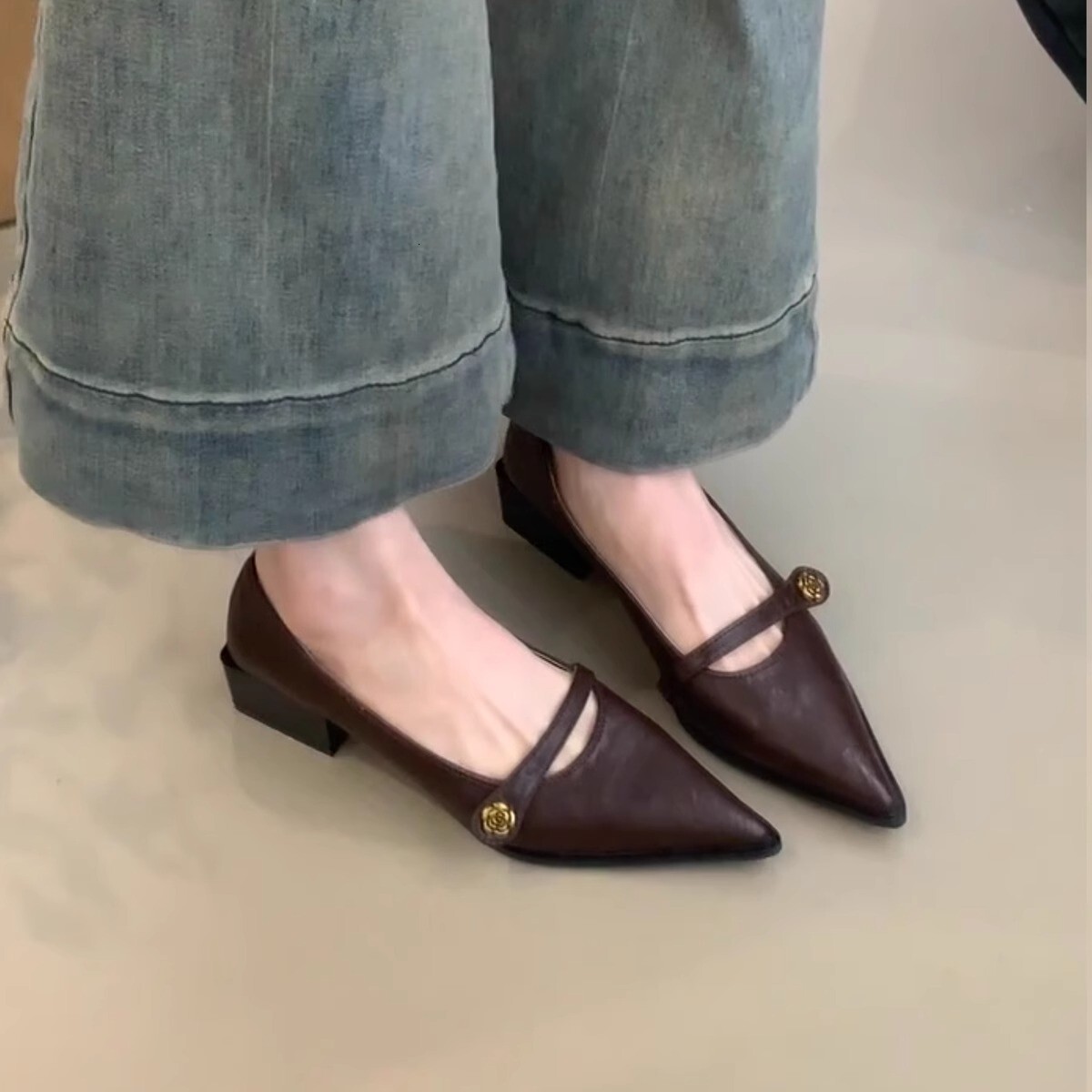 Ddmyoutdoor French Style Camellia Thick Heel Single For Women Spring New Pointed Toe Versatile Elegant Shallow Mouth Mary Jane Shoes Outdoor Shoes