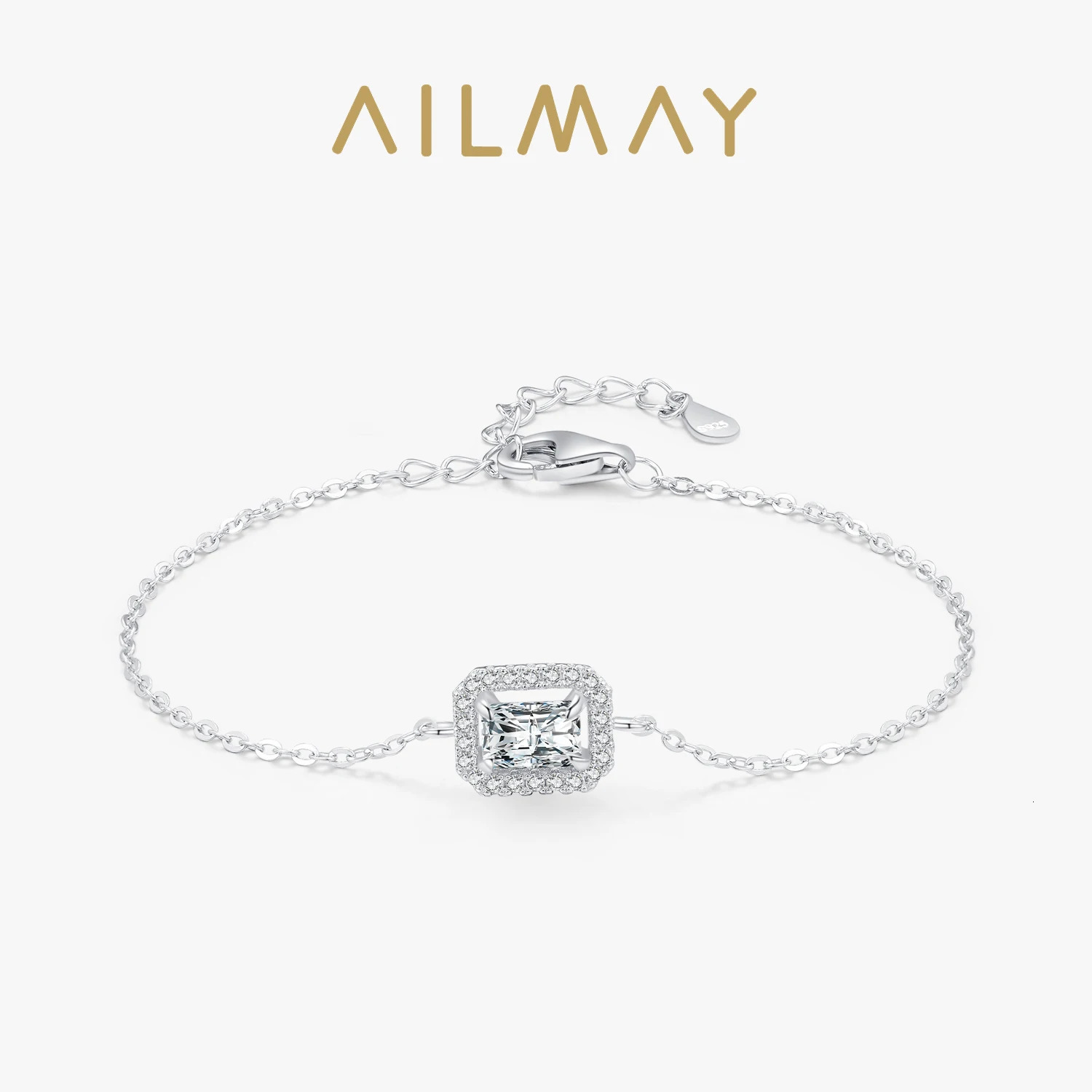Ailmay 925 Sterling Silver Rectangle1Ct Zirconia Link Chain Charm Bracelet For Women Wedding Engagement Jewelry 250610