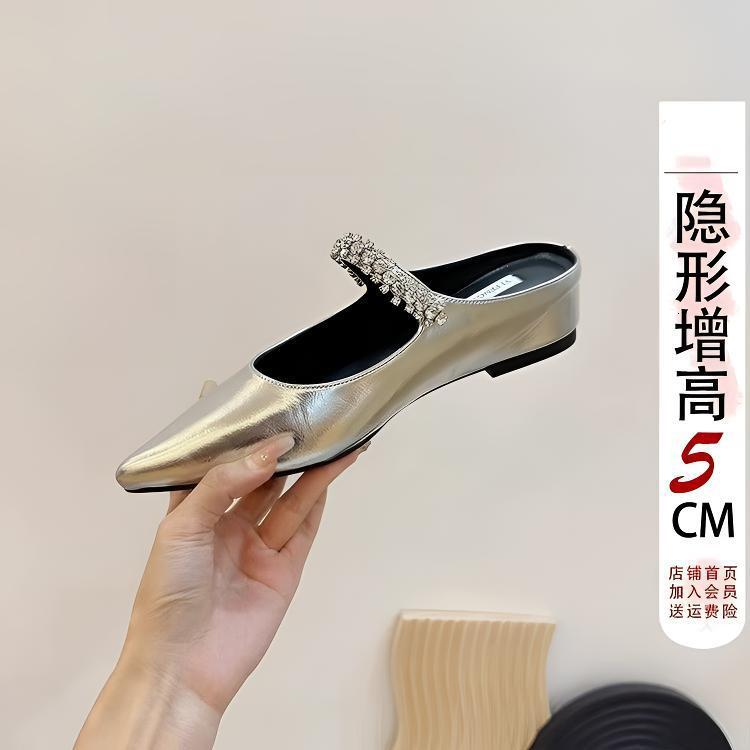 Ddmyoutdoor CM Height Increasing Flat Rhinestone Peep Mules For Women Summer Outdoor Pointed Toe Nude Fairy Style Cool Slippers Outdoor Shoes