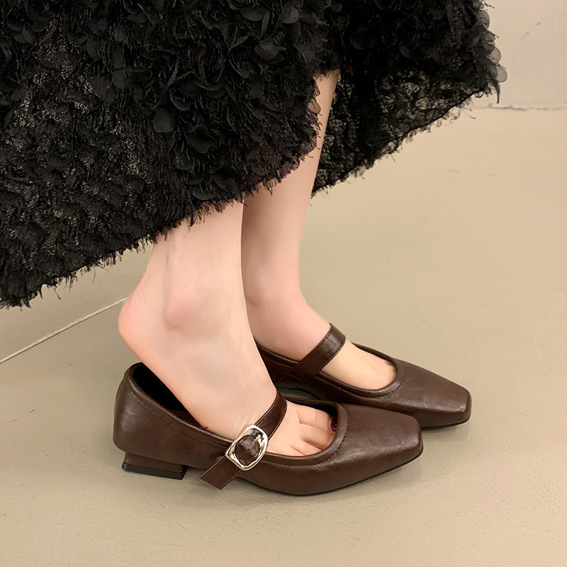 Ddmyoutdoor Elegant Square Toe Evening Style Shallow Mouth One Strap Small Leather Low Heel Commuter Soft Sole Mary Jane Single Shoes For Women Outdoo