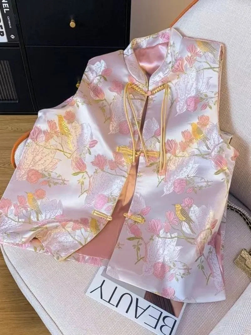 Spring Chinese Style Tassels Buckle Jacquard Sleeveless Vest Jackets Women TangSuit Cheongsam Vintage Coats Tops 250611