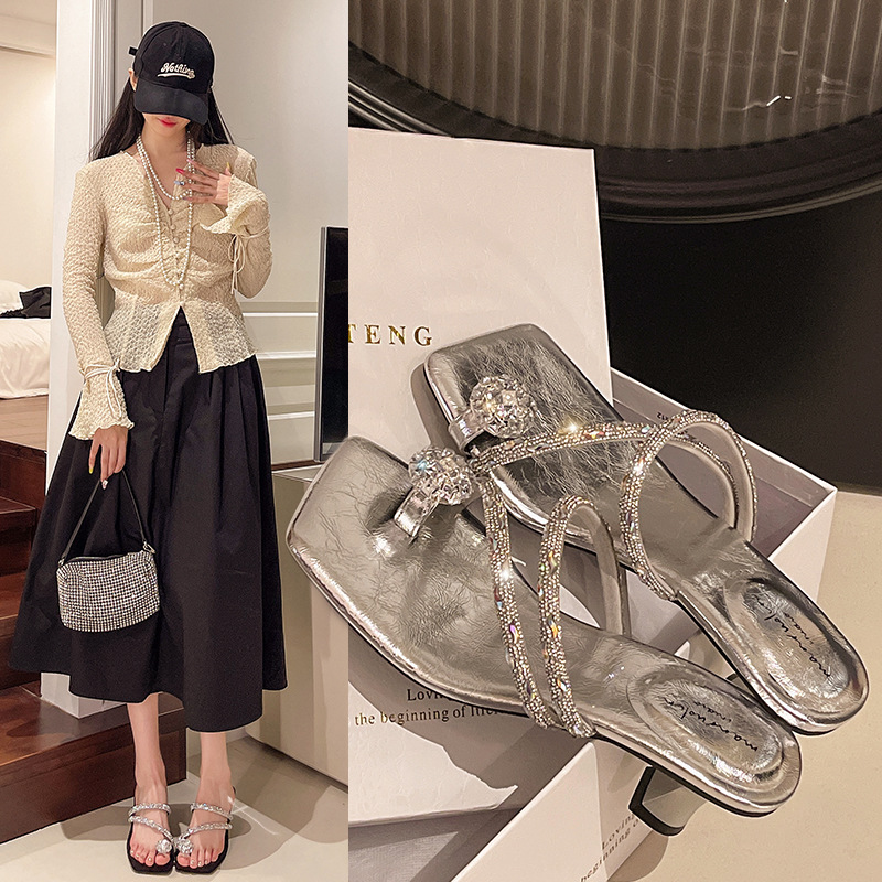 Ddmyoutdoor French Fairy Style Rhinestone Toe Ring Sandals For Women Summer Outdoor Silver Soft Sole New Vacation Beach Slippers Outdoor Shoes
