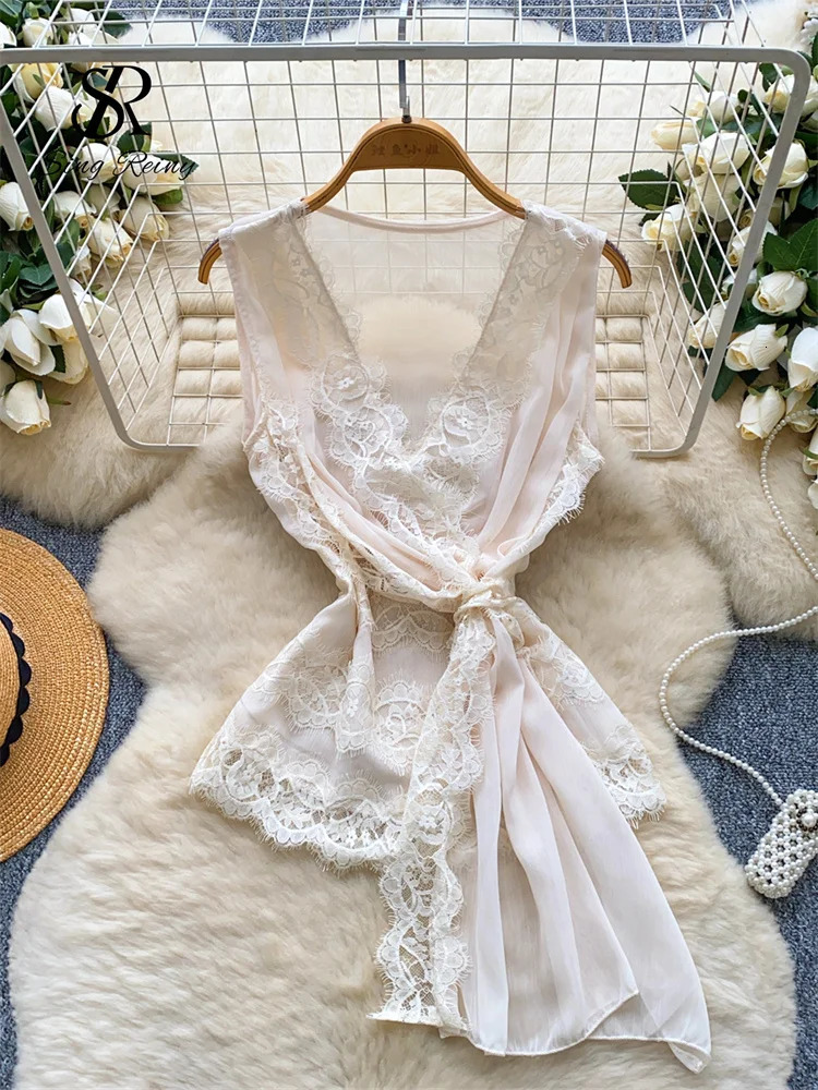 SINGREINY High Quality Lace Sexy Tank Top Women Sleeveless Up Patchwork Bohemian Slim French Style Thin Chiffon Blouse 250611