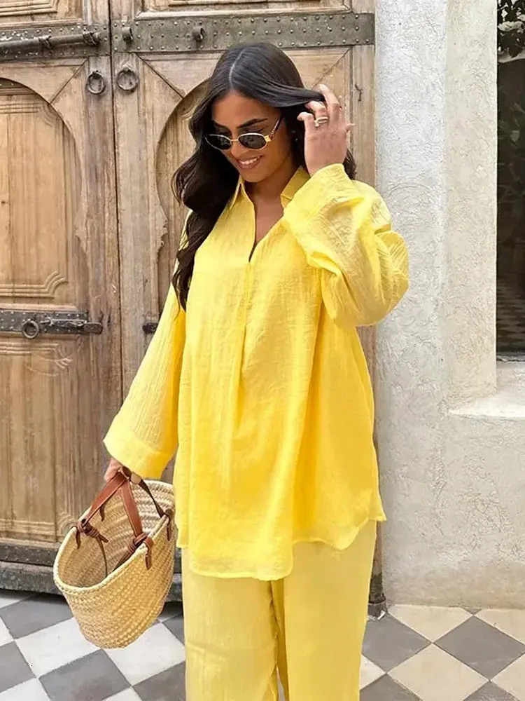 Solid Cotton Linen Shirt Pants Set Women Casual V Neck Full Sleeve Blouse Loose Wide Leg Trousers 2025 Lady Holiday Outfits 250529