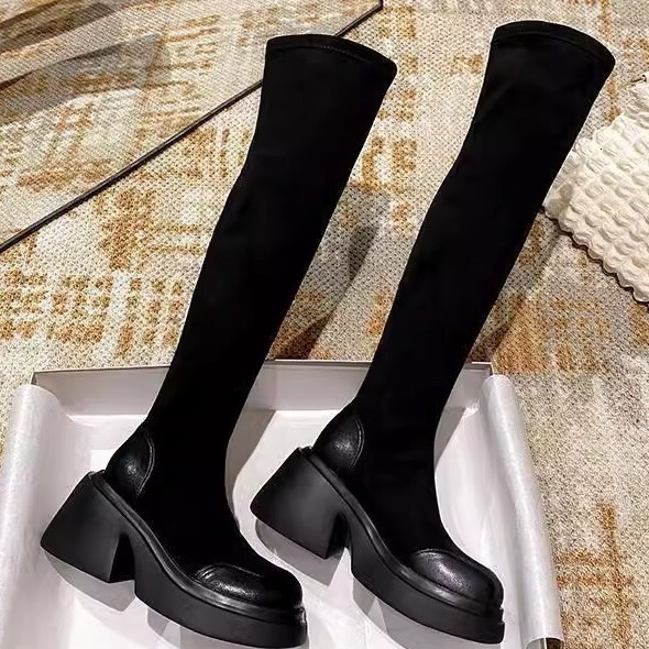 Ddmysports Autumn Winter New Thick Sole Height Increasing Elastic Slim Women Black Sock Petite Mid Calf High Long Boots Outdoor Shoes